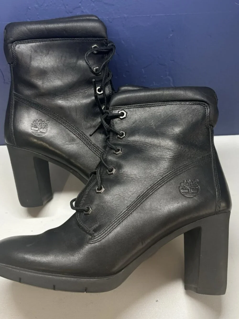 TIMBERLAND Women Anime Lace Up Heeeled Leather Booties Sz 8M Black‎